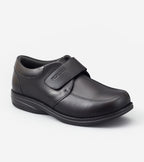 Black shoe with a strap on a white background