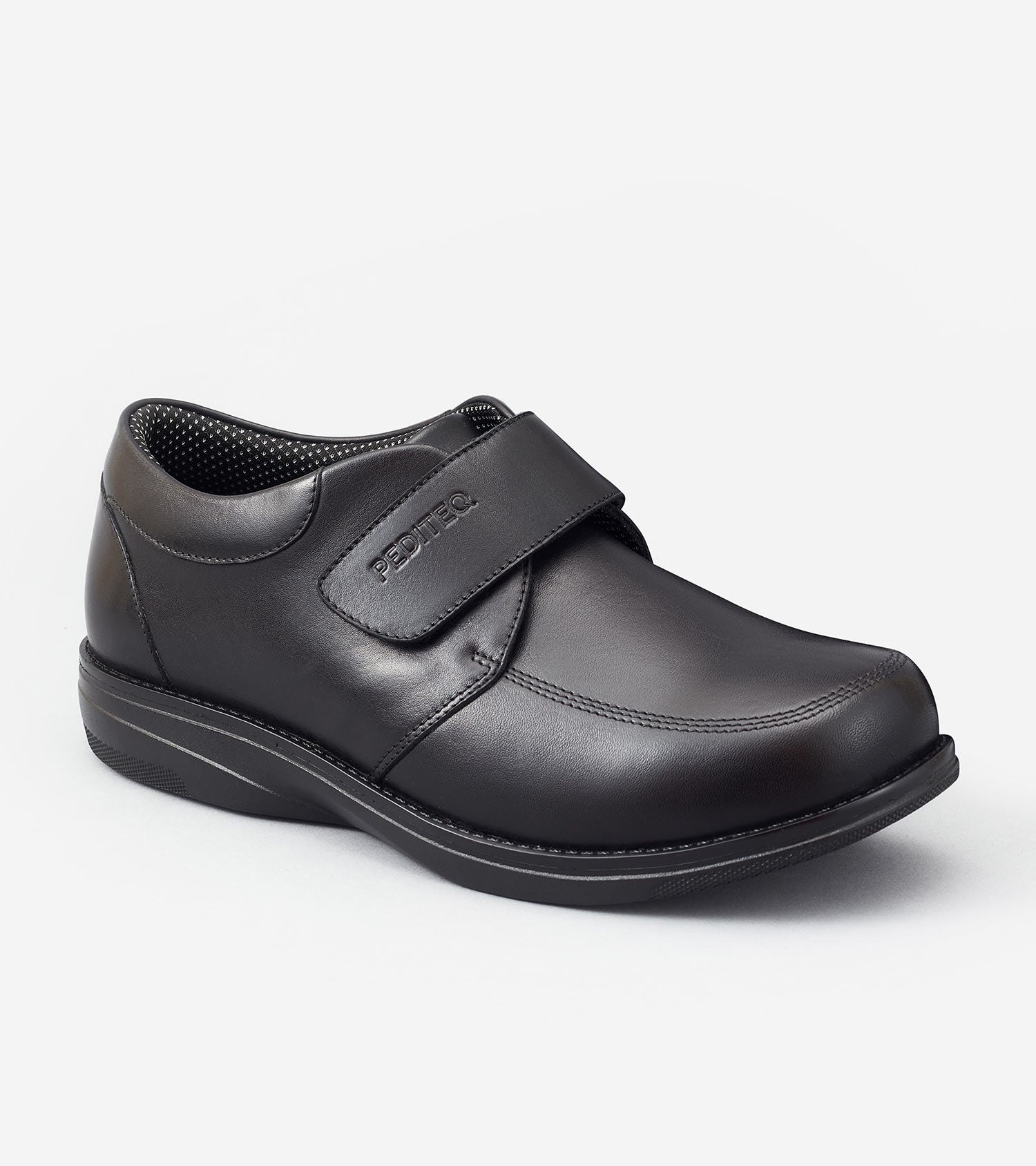 Black shoe with a strap on a white background