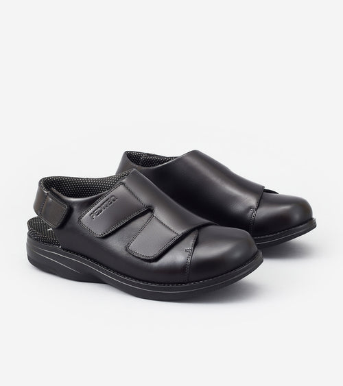 Pair of black shoes with velcro straps on a white background